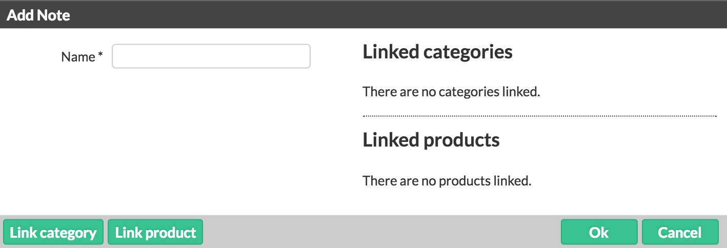 Add Note screen with an empty Name field and no linked categories or products.