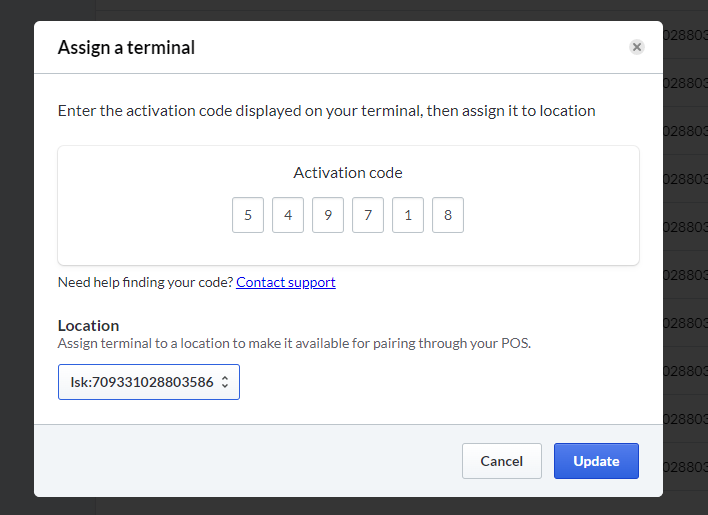 Image displays a pop-up module titled 'Assign a terminal'.