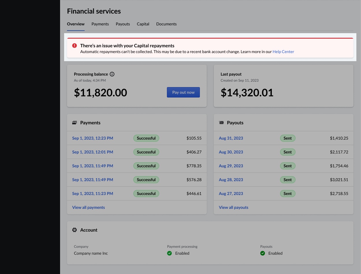 Image displays the Financial Services Overview tab in Lightspeed POS. There is a red banner highlighted that reads 'There is an issue with your Capital repayments'