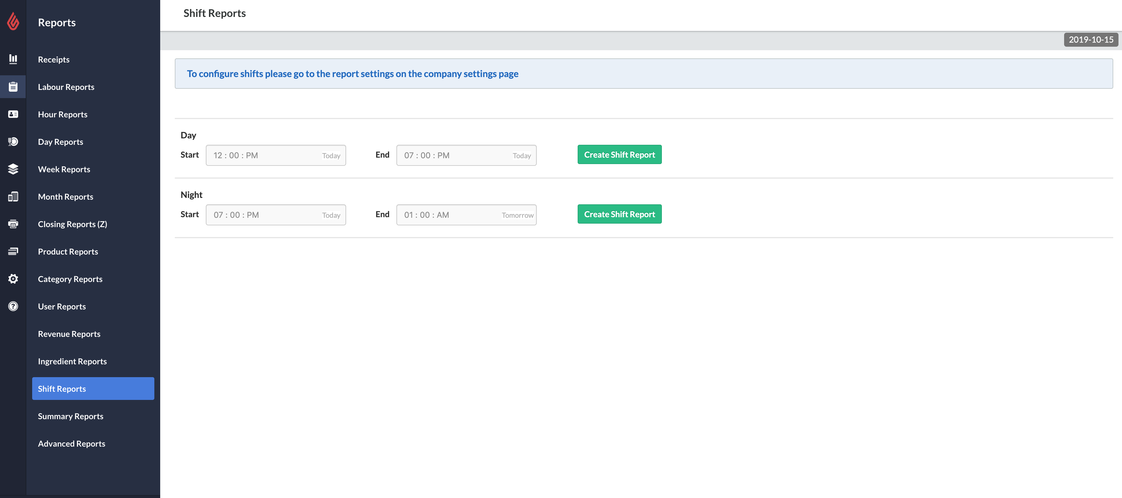 Shift Reports page with two shifts listed.