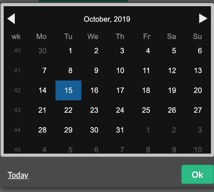 Calendar pop-up with a day selected.