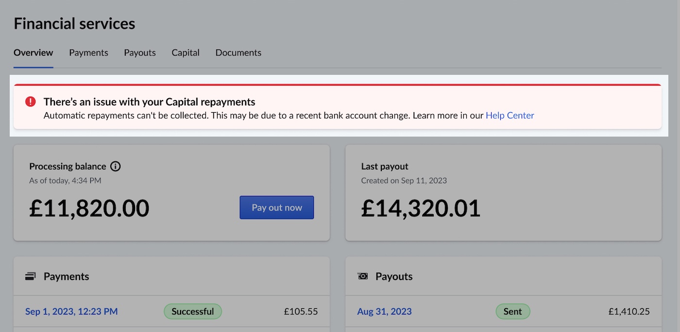 Image displays the Financial Services Overview tab in Lightspeed POS. There is a red banner highlighted that reads 'There is an issue with your Capital repayments'