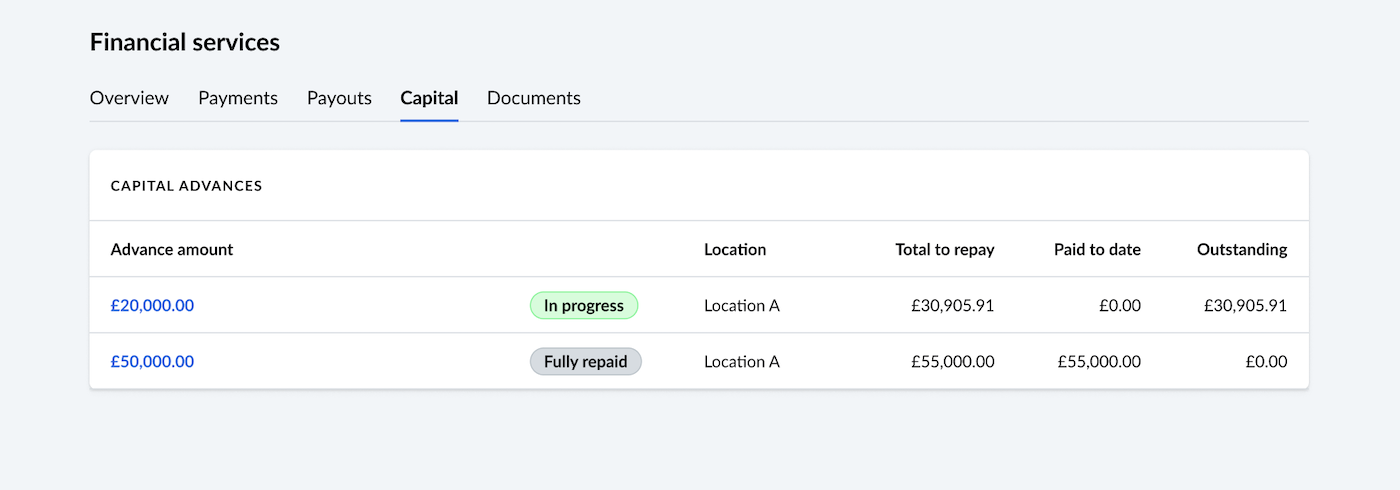 Capital page showing list of advances and statuses.