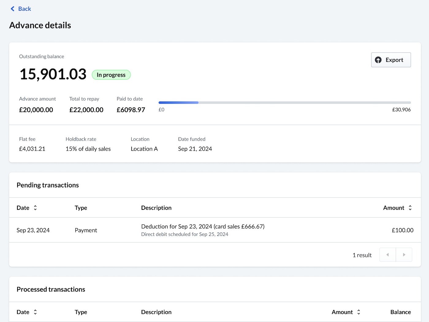 Specific advance page with Pending transactions section emphasized.