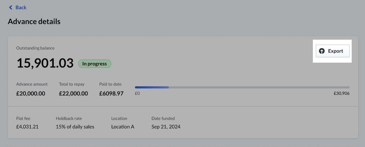 Advance page with Export button emphasized.