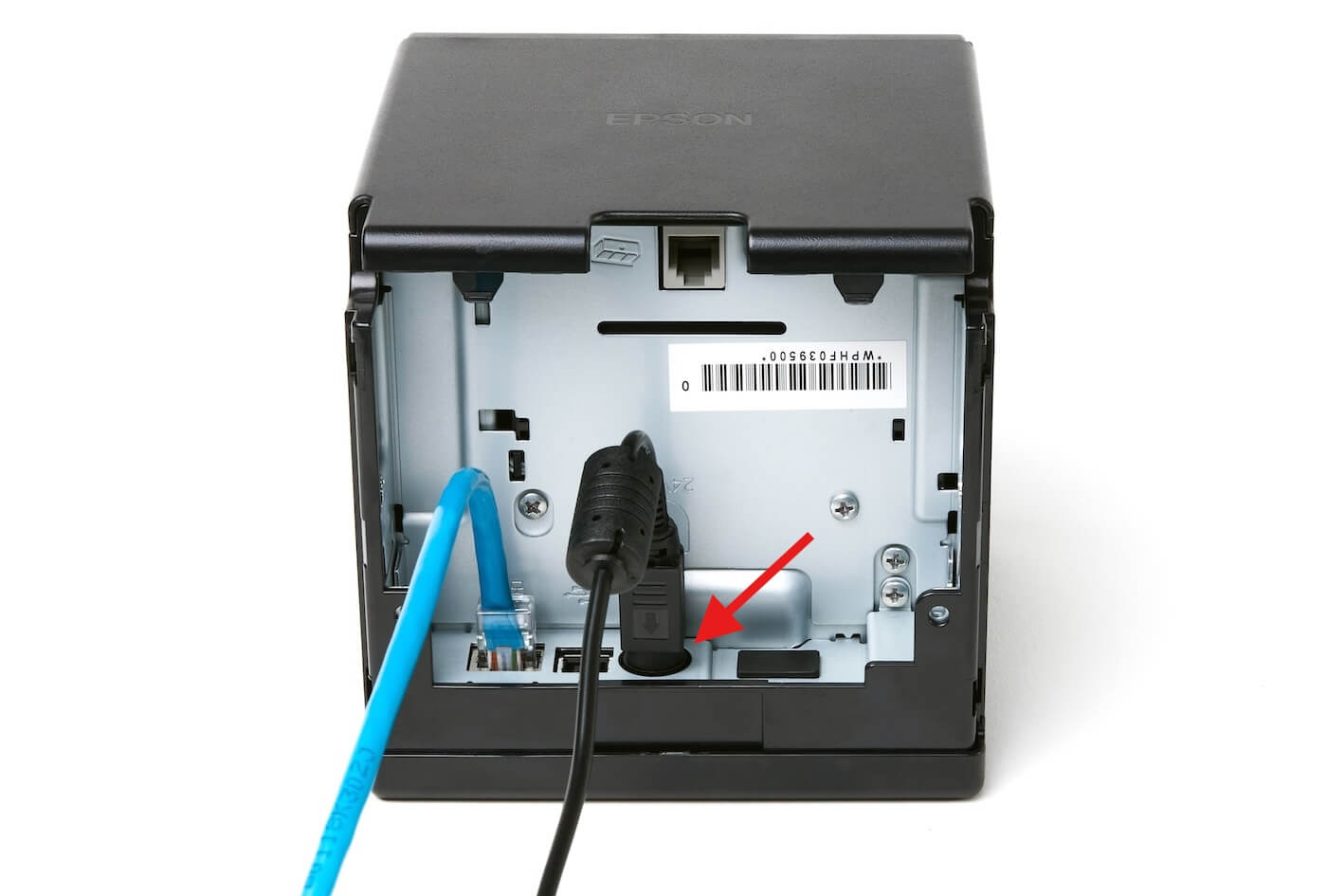 TM-m30II printer with annotation highlighted power cable plugged in.