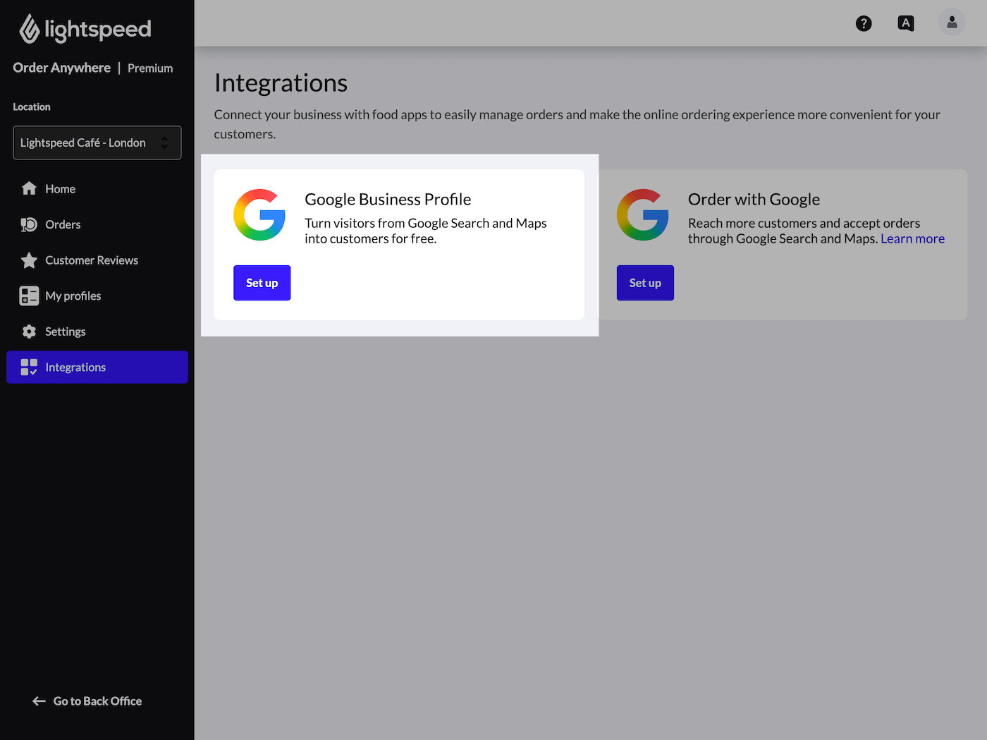 Order Anywhere 'Integrations' screen with 'Google Business Profile' tile highlighted