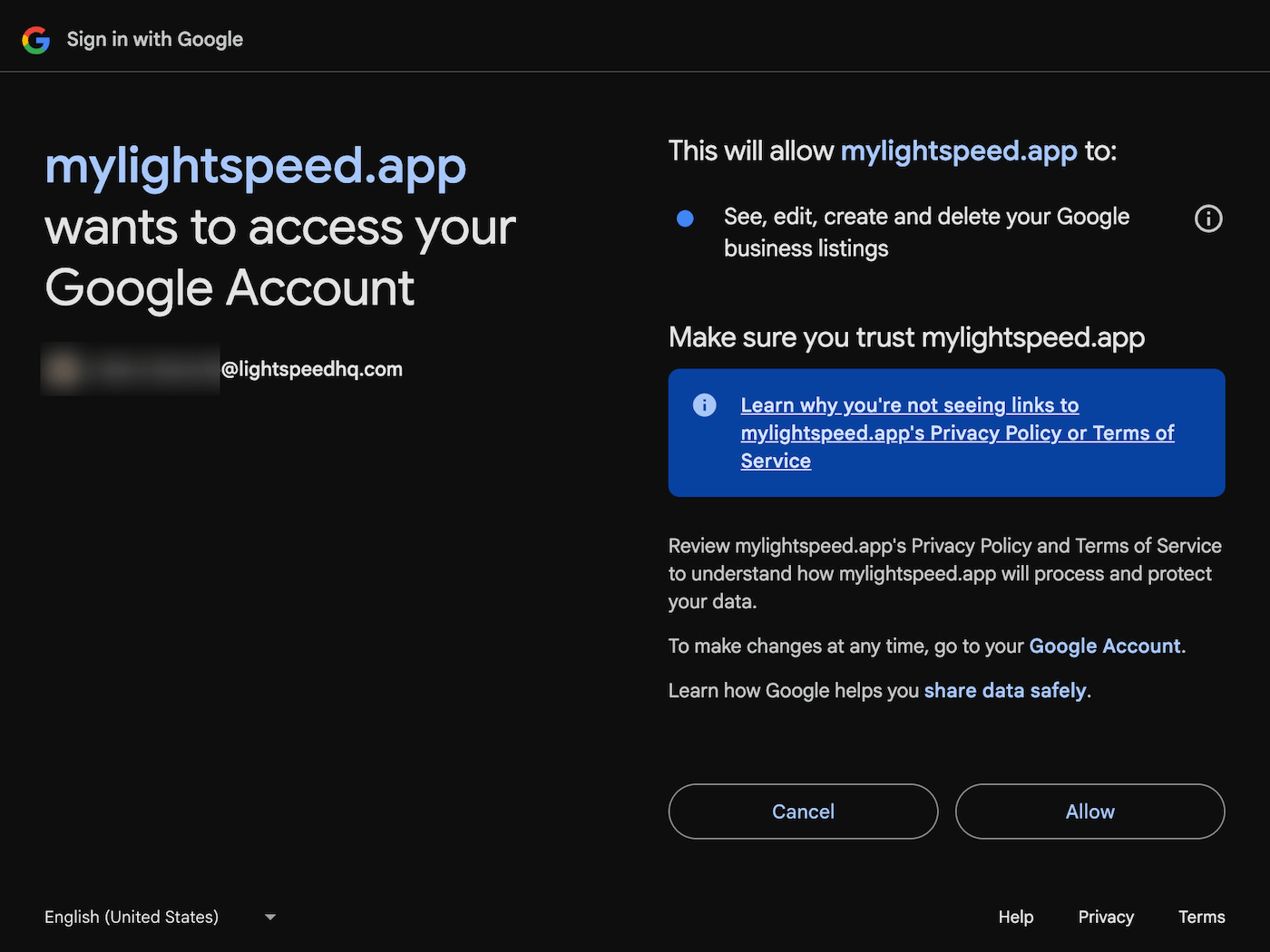 Google authenticaion prompt asking user to allow mylightspeed.app to access their account