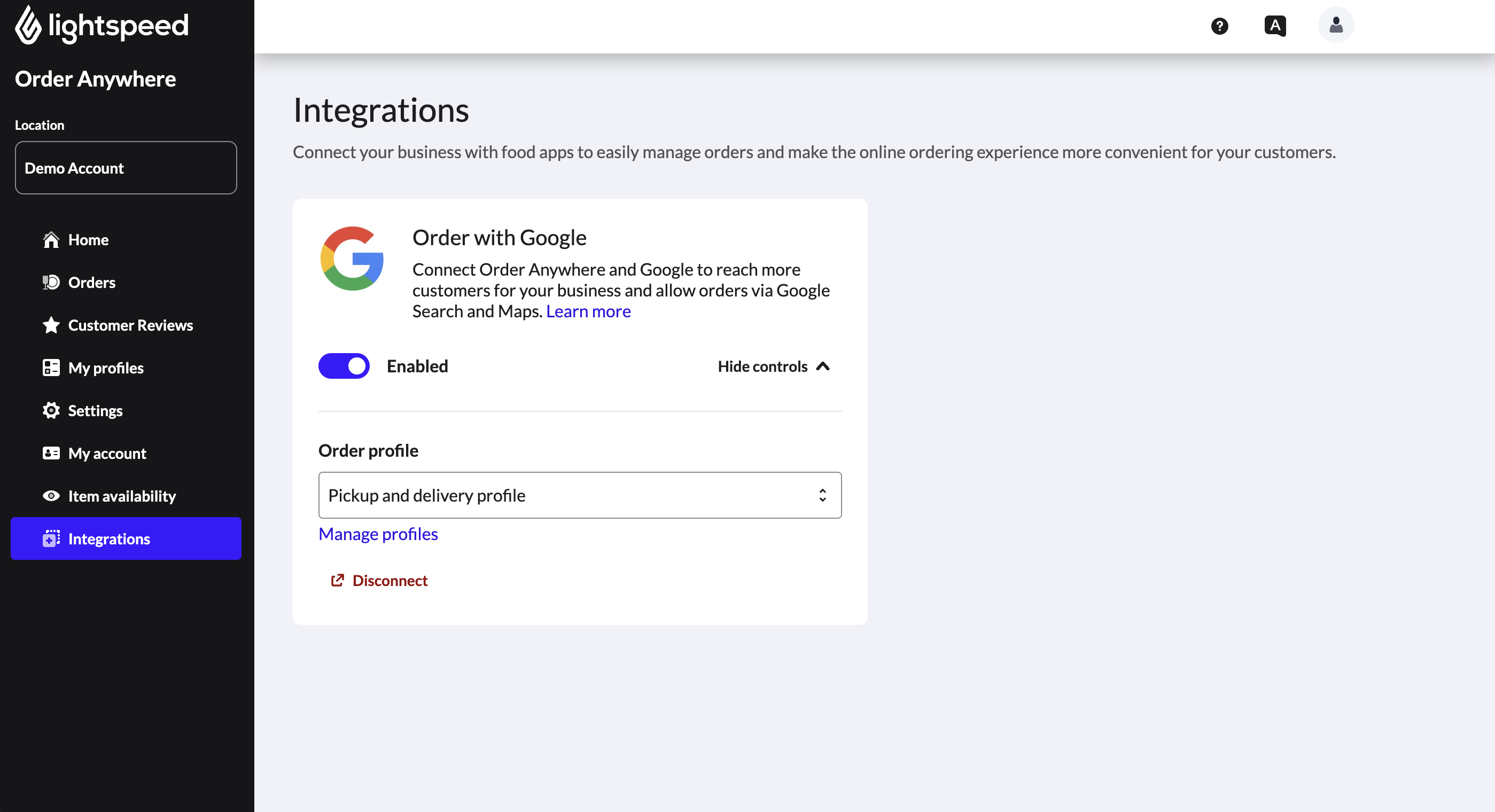 Screenshot of Order Anywhere Back Office Order with Google integration page