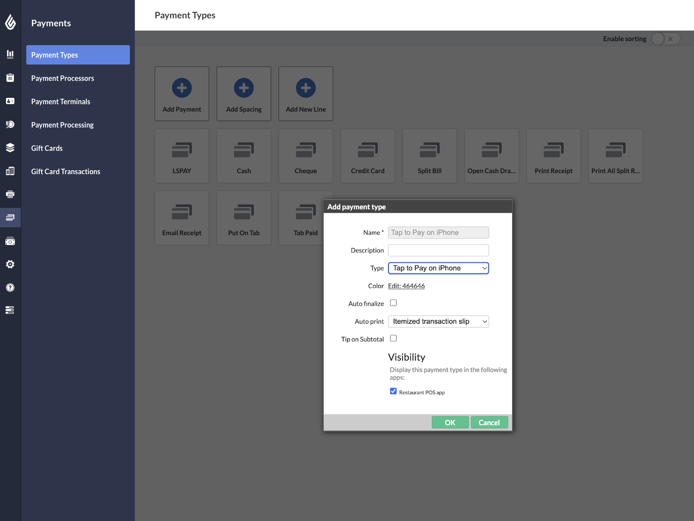 The add payment type module in the Restaurant Manager. The payment type 'Tap to Pay on iPhone' has been selected.