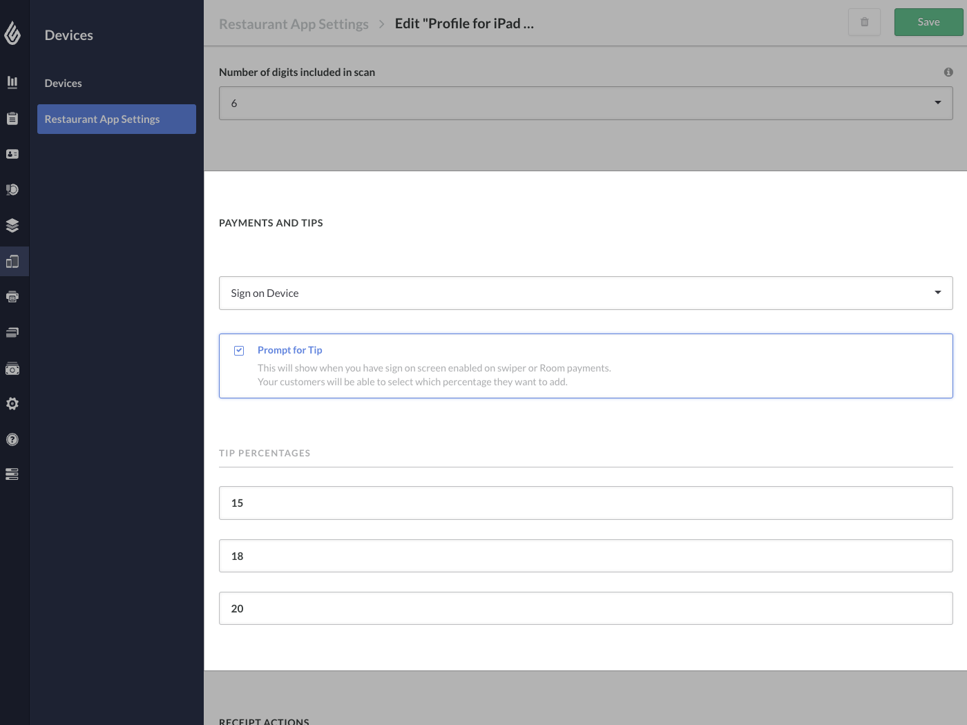 The Restaurant App Settings page in the Restaurant Manager. The section titled 'Payments and Tips' has been highlighted.