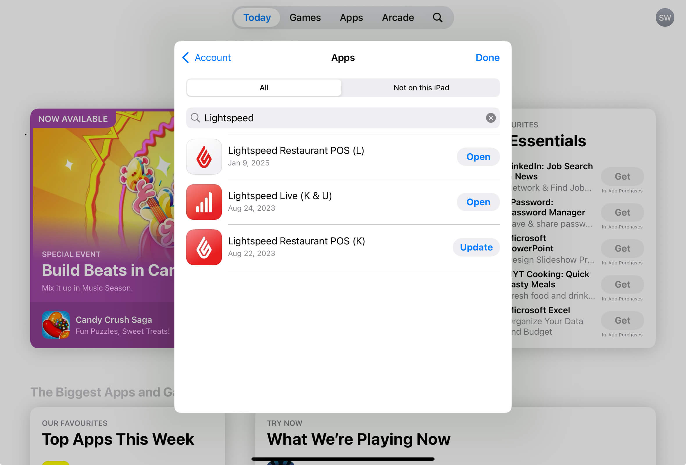 Lightspeed Restaurant app with the Update option
