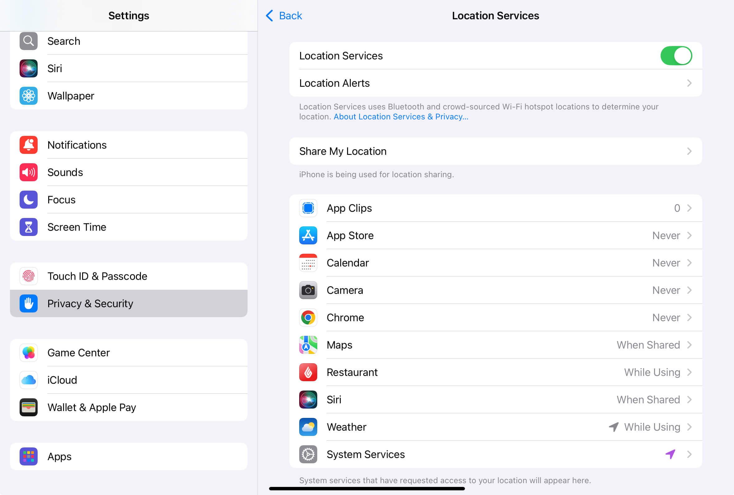 Location Services toggled on