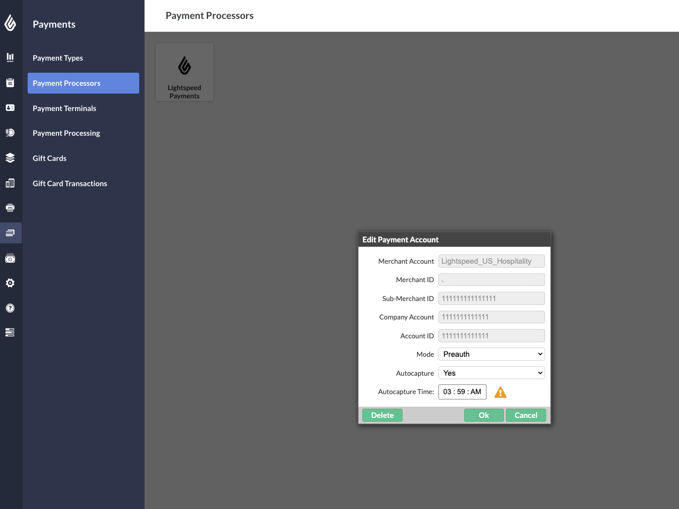 The Edit Payment Account window in Lightspeed Restaurant.