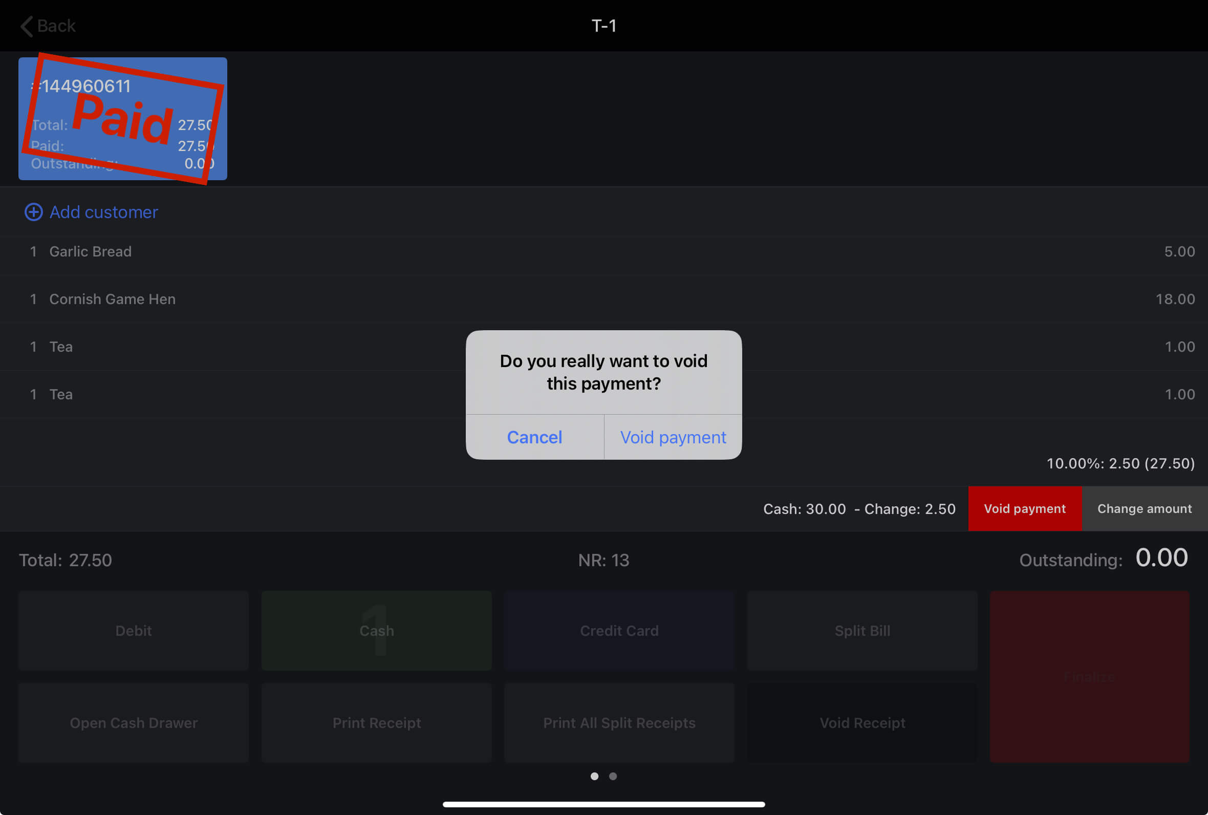 The confirmation pop-up window to void payment
