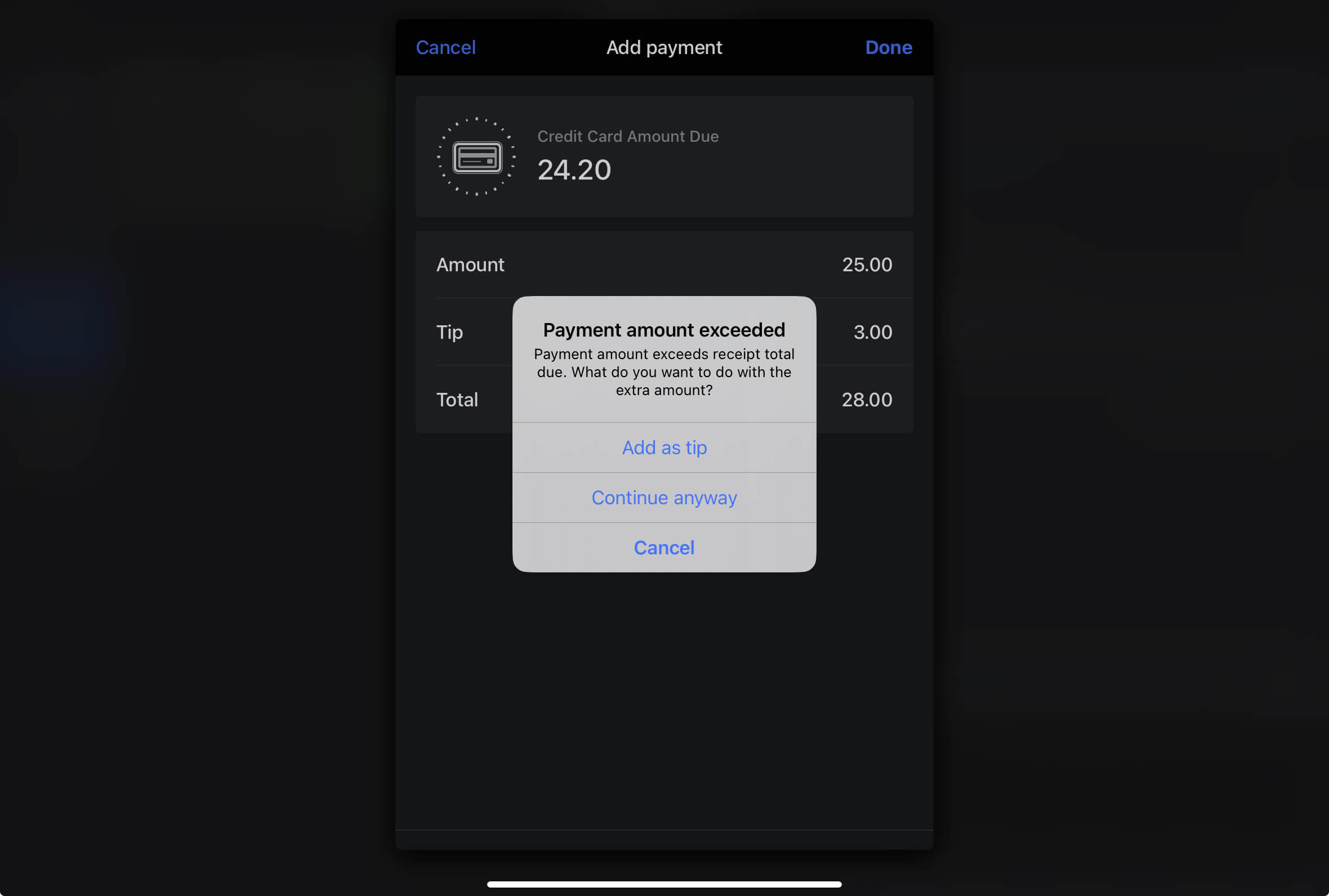 The Payment amount exceeded warning