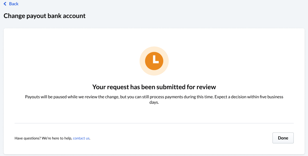 Image reads 'Your request has been submitted for review' with an orange clock face visible.
