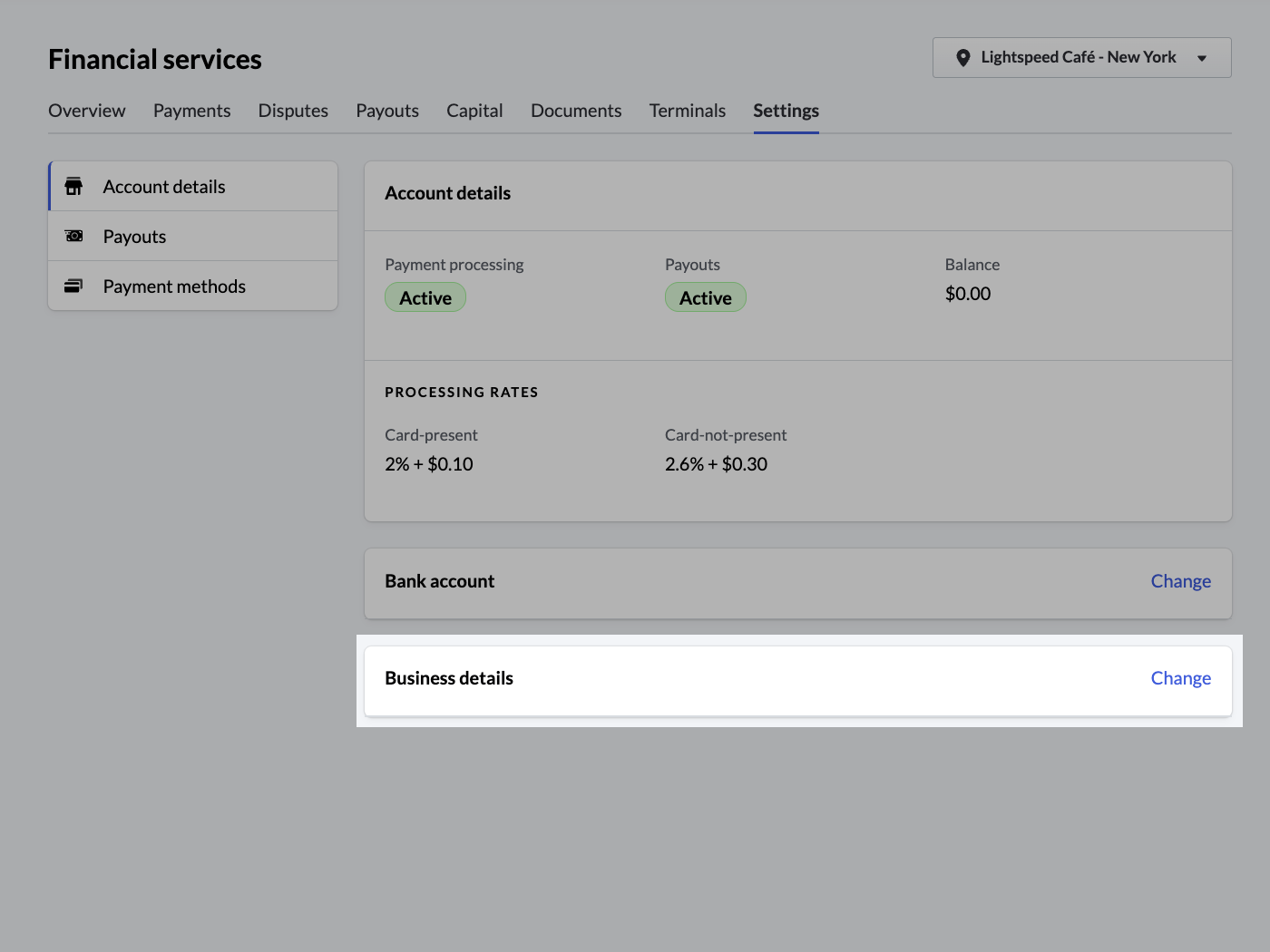 The Settings page of the Financial Services tab with the business details section highlighted.