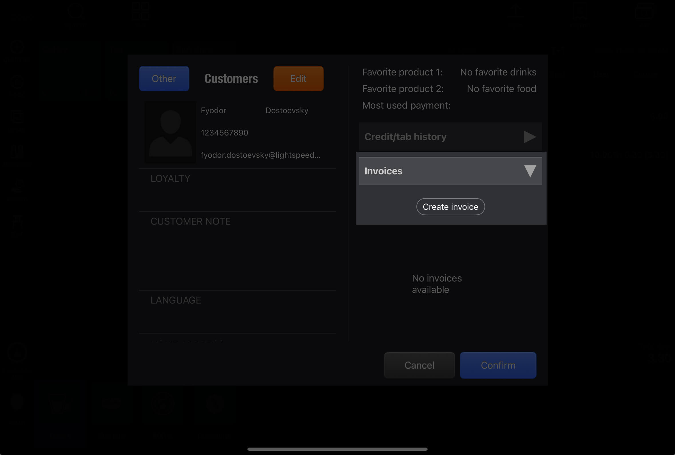L’option Créer facture dans Restaurant POS est mise en évidence.