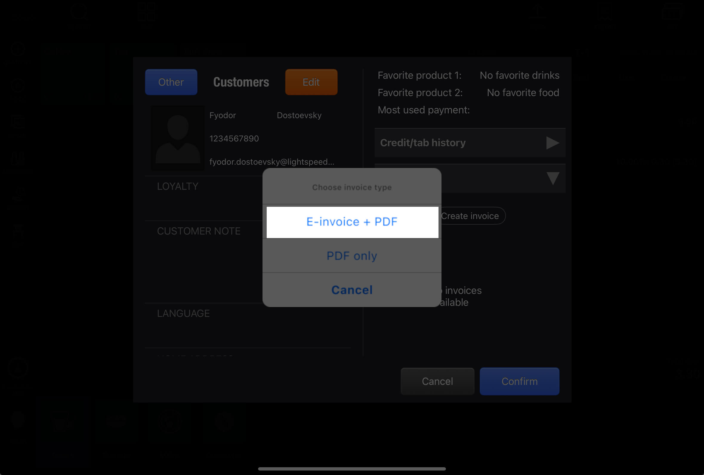 Fenêtre d’envoi de facture, l’option Facture électronique + PDF est mise en évidence.