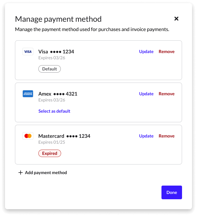Liste de différentes cartes sur l’écran permettant de gérer les modes de paiement.