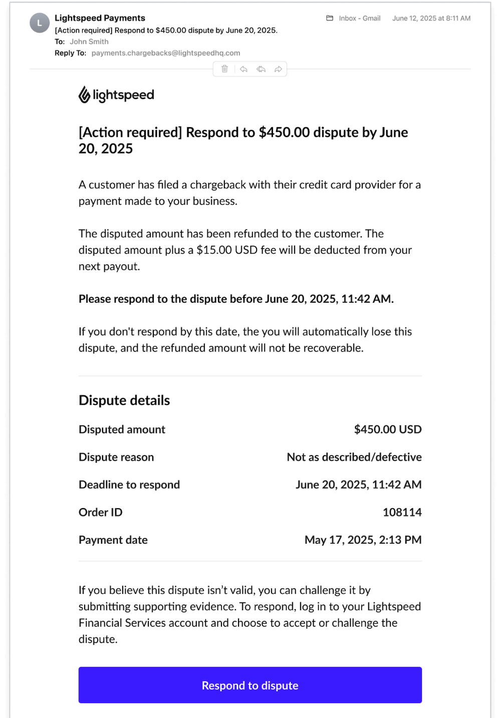 Lightspeed Payments team chargebacks alert email example.