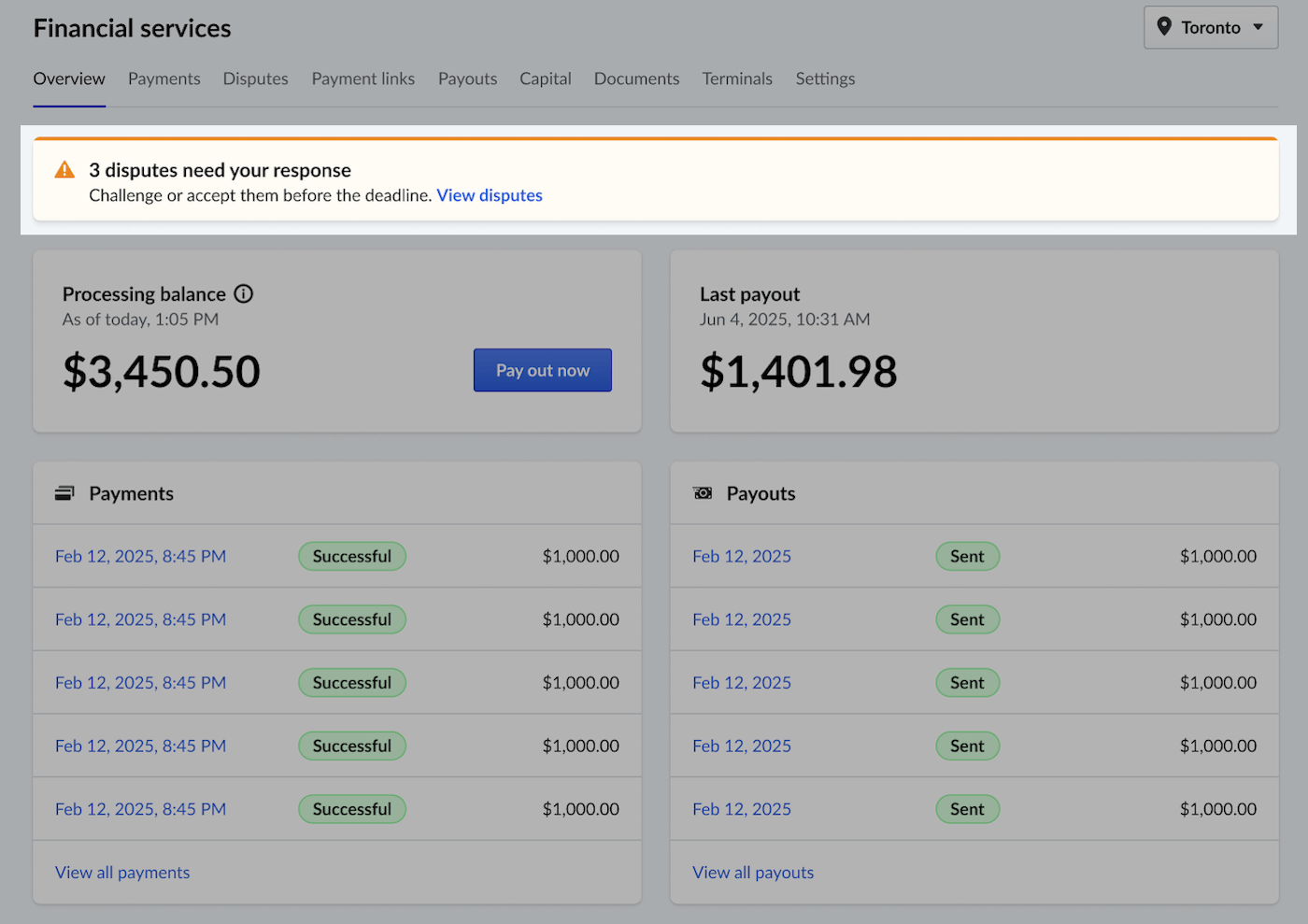 Disputes tab page showing disputes notification and View disputes link.