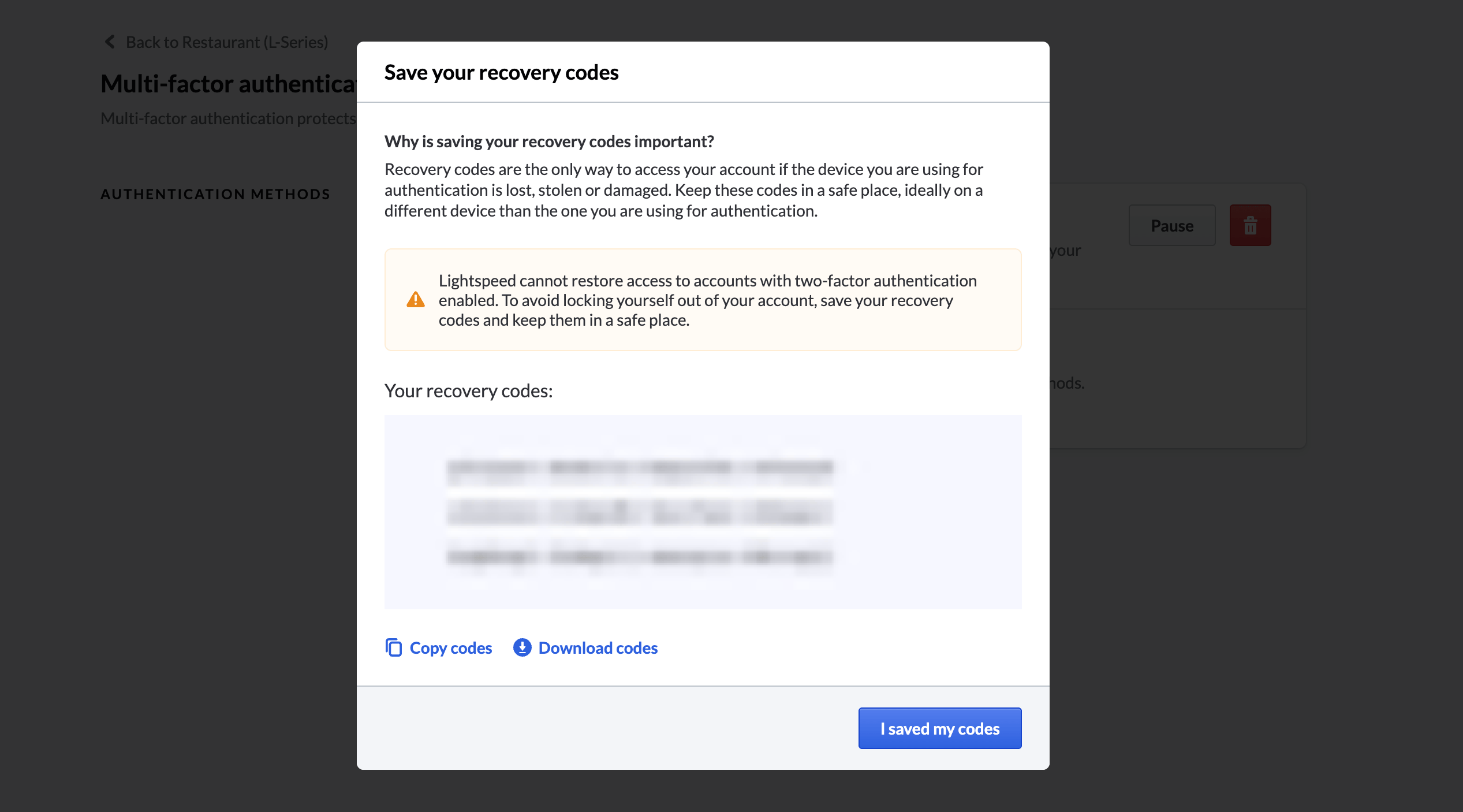 Saving your recovery codes for MFA