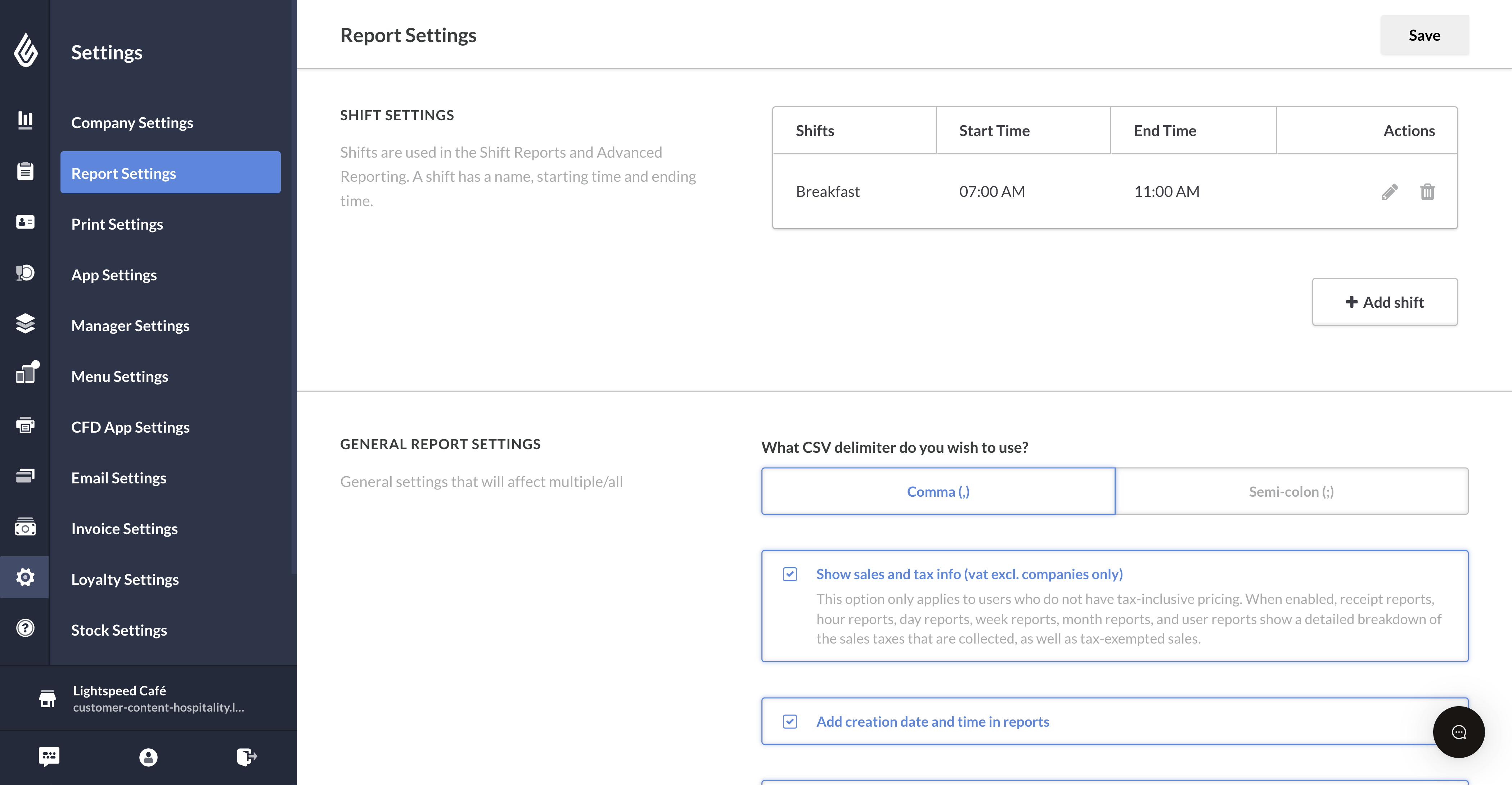 Shift settings showing a “Breakfast” shift scheduled from 7:00 AM to 11:00 AM.