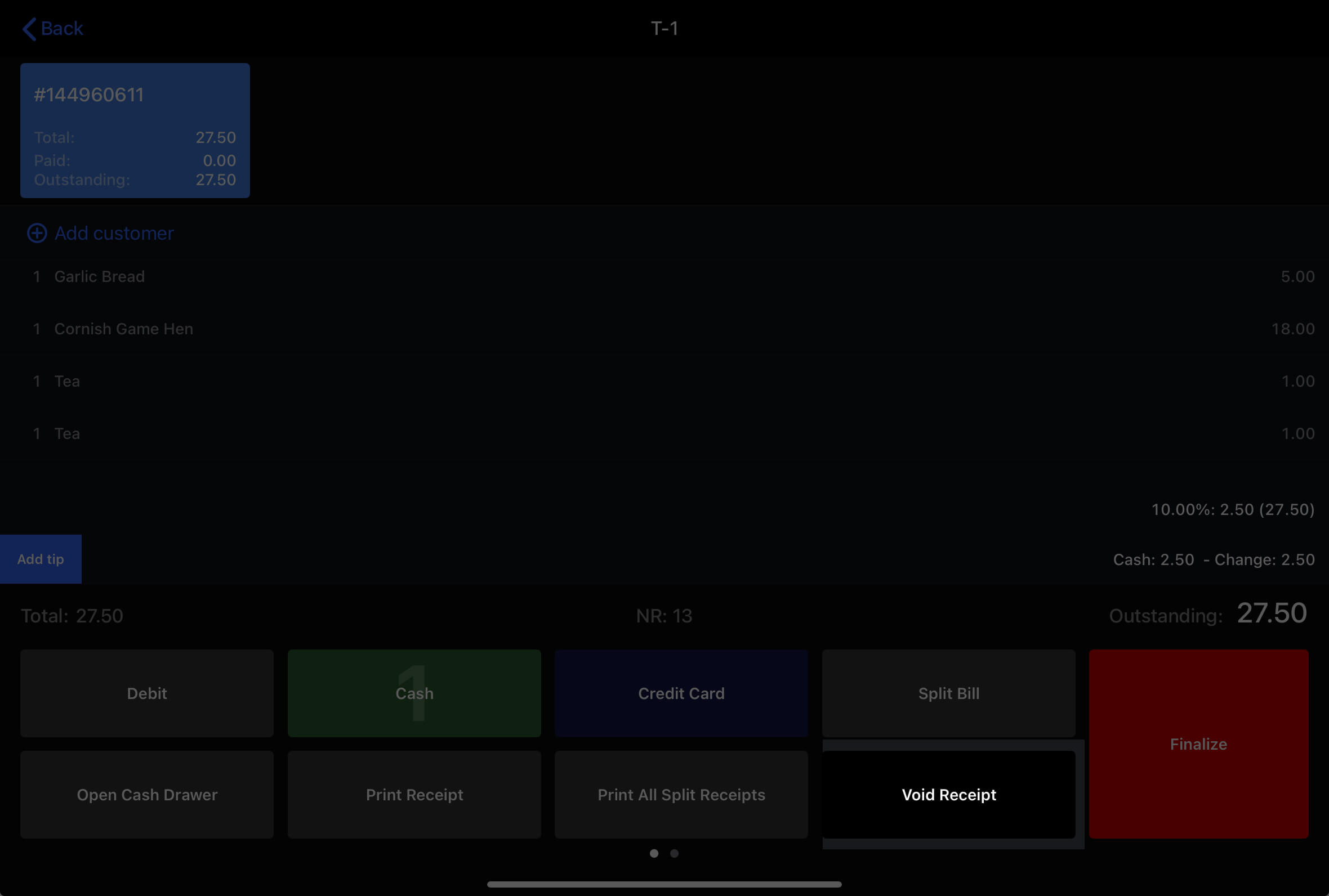 De knop “Bon annuleren” voor betaling gemarkeerd