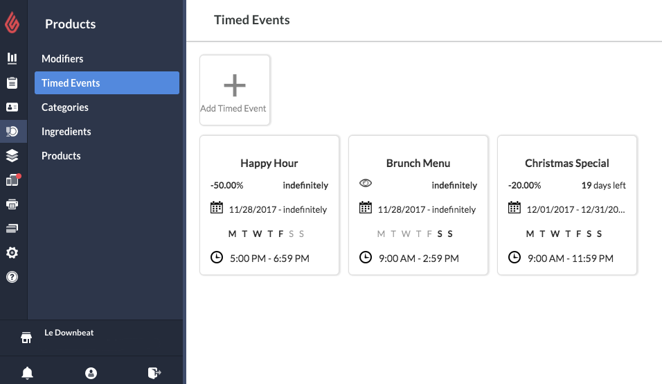 The Timed Events page displaying  three timed events: Happy Hour, Brunch Menu, and Christmas Special.