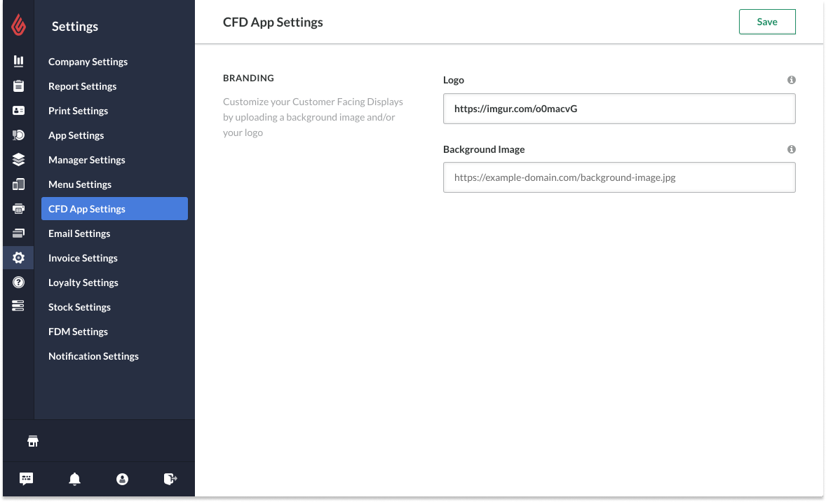 Scherm met CFD-appinstellingen waarop een afbeeldings-URL is ingevoerd in het veld "Logo".