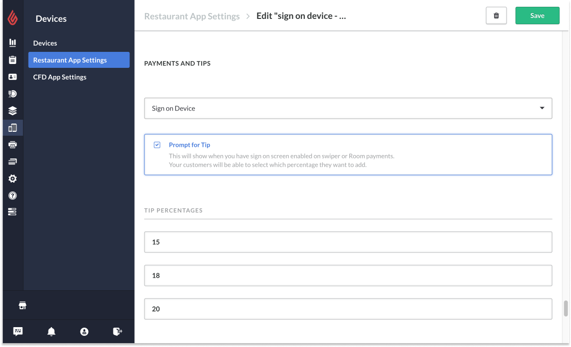 Section Paiements et pourboires, l’option Signature sur l’appareil est sélectionnée, la case Inviter à verser un pourboire est cochée et les pourcentages de pourboires sont définis sur 15 %, 18 % et 20 %.