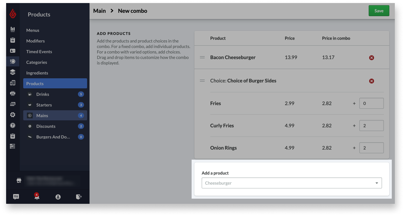 Menu Ajouter un produit de la version 2.0 des combos.