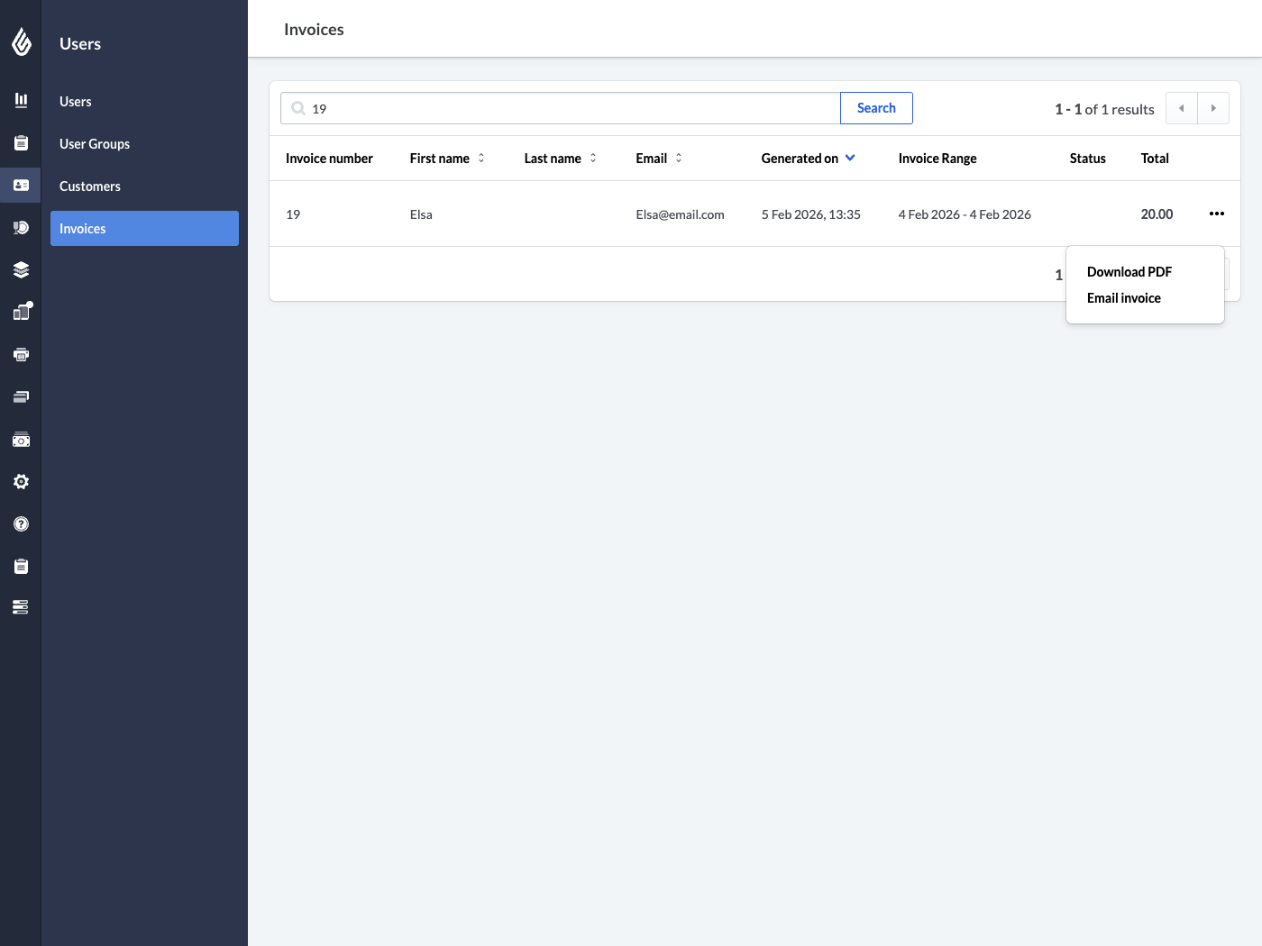 Page Factures, les options de téléchargement du PDF et d’envoi de la facture par courriel sont visibles dans le menu accessible via l’icône des trois points.
