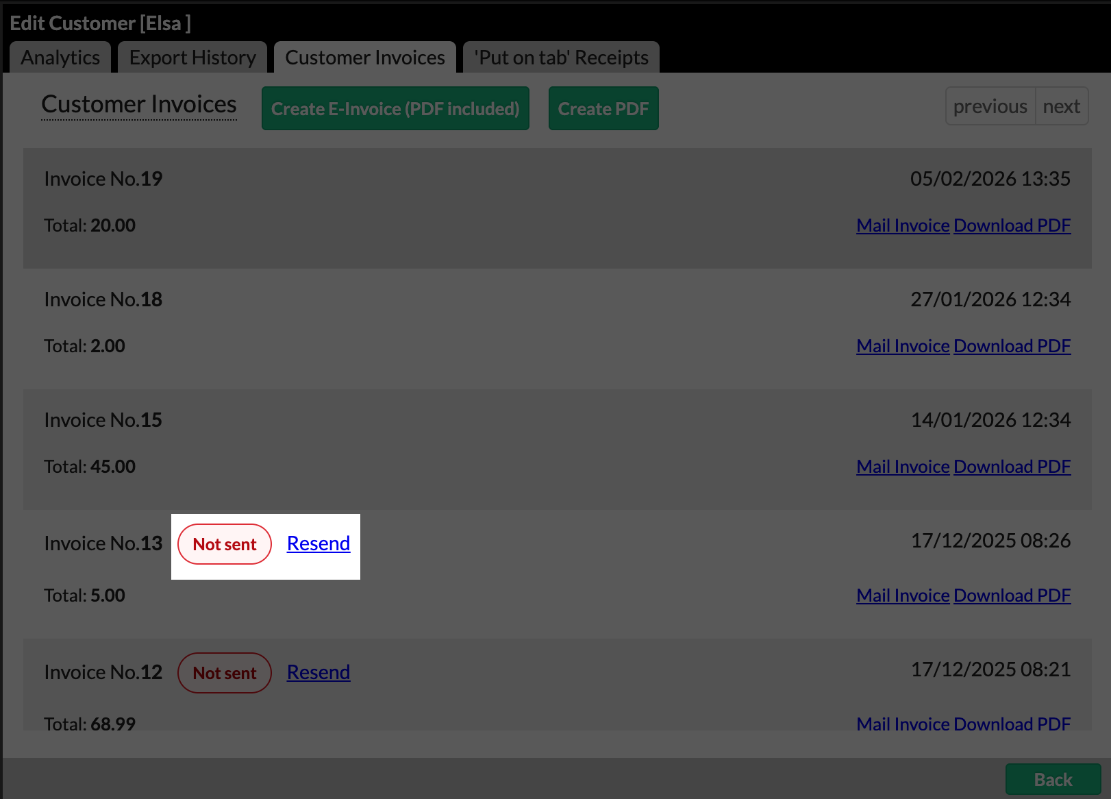The Not sent status and Resend button highlighted