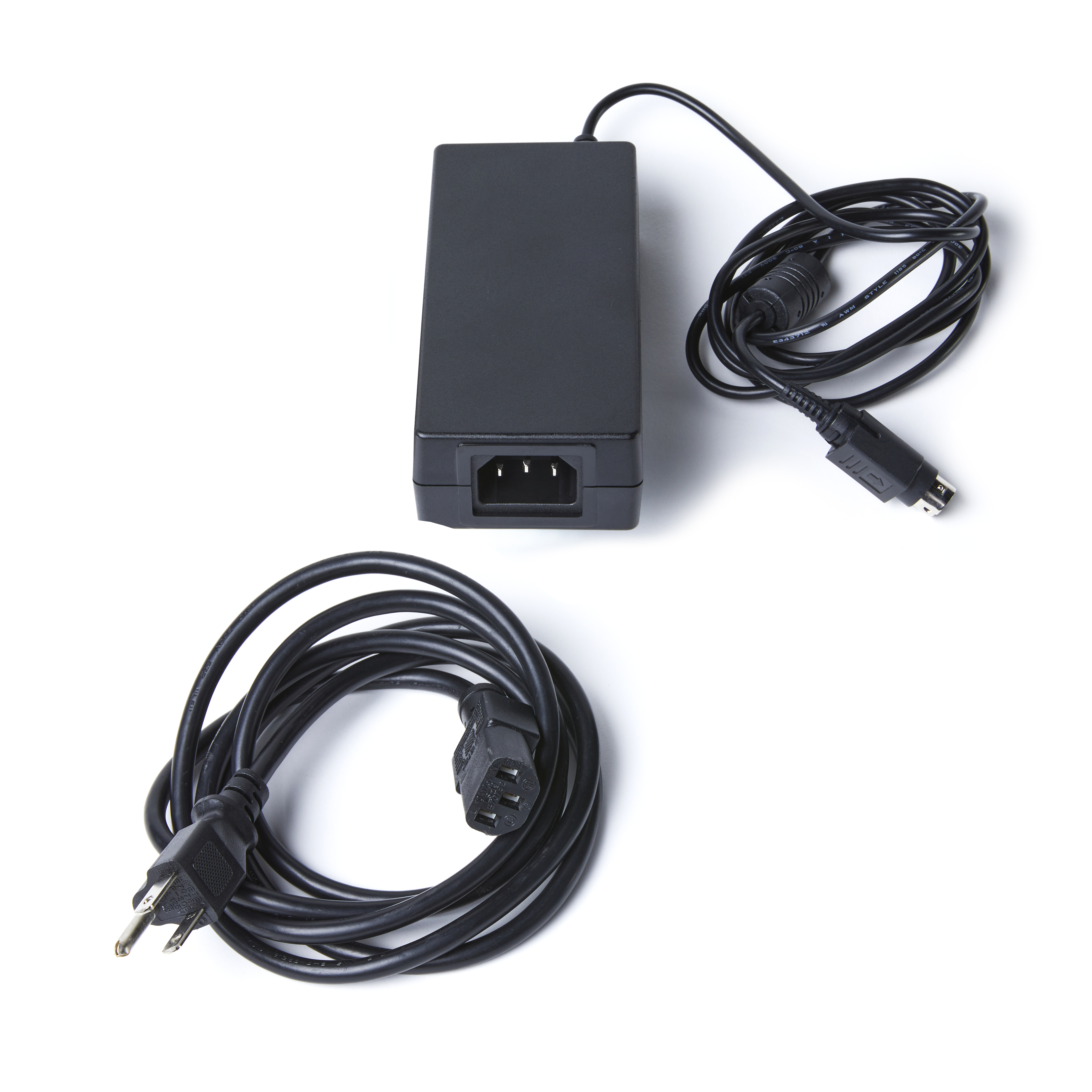 Printer power cable split into two parts: the coiled power cord and the power adapter.