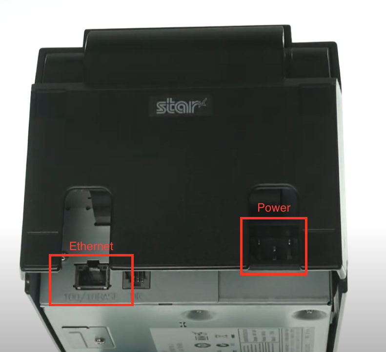 Prises d’alimentation et Ethernet de l’imprimante Star SP700