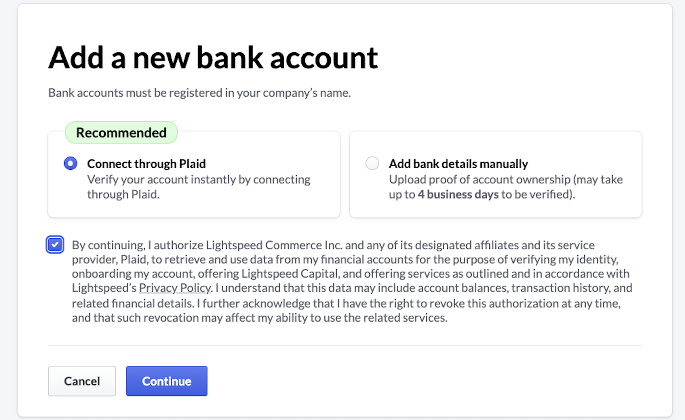 Een venster voor het toevoegen van een nieuwe bankrekening met de optie om te koppelen via Plaid.