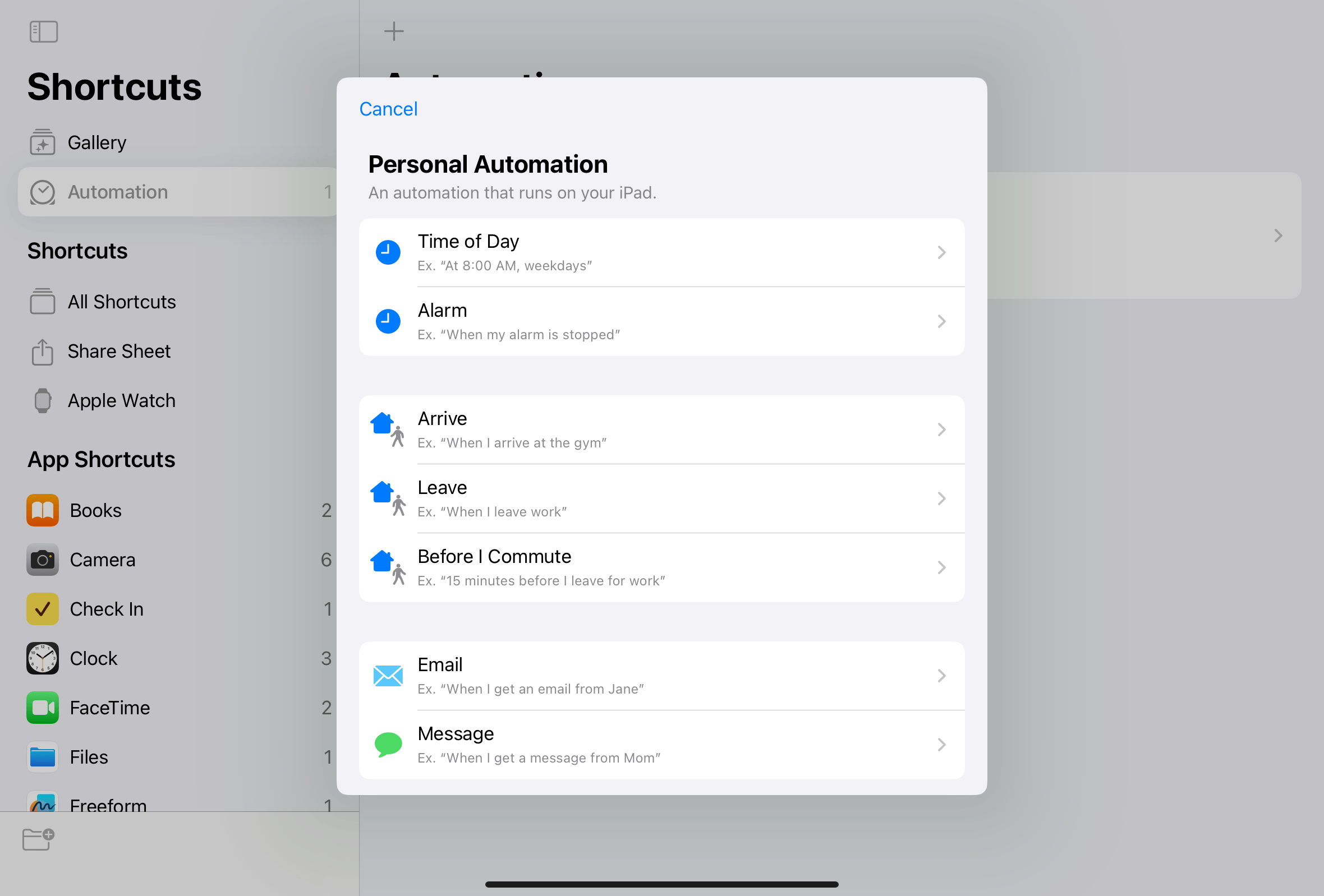 The Personal Automation screen on an iPad