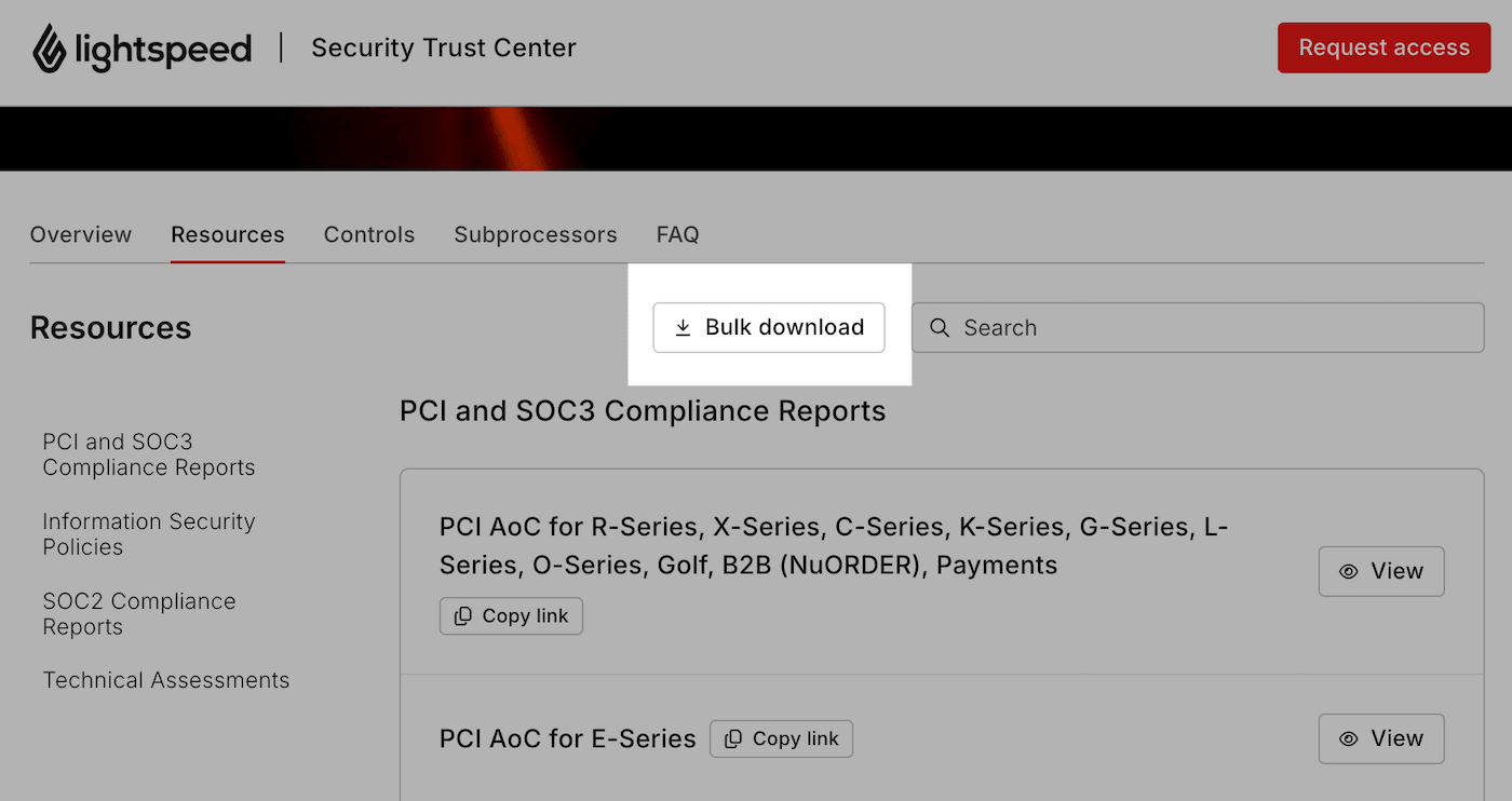 Tabblad Resources van het Trust Center met de knop voor bulkdownload uitgelicht.