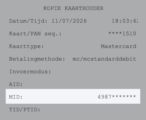 Image d'un ticket de carte de crédit. L'identifiant de marchand (MID) Mastercard est mis en surbrillance.
