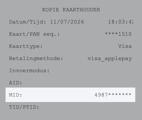 Afbeelding van een creditcardbon. De Visa MID is gemarkeerd.