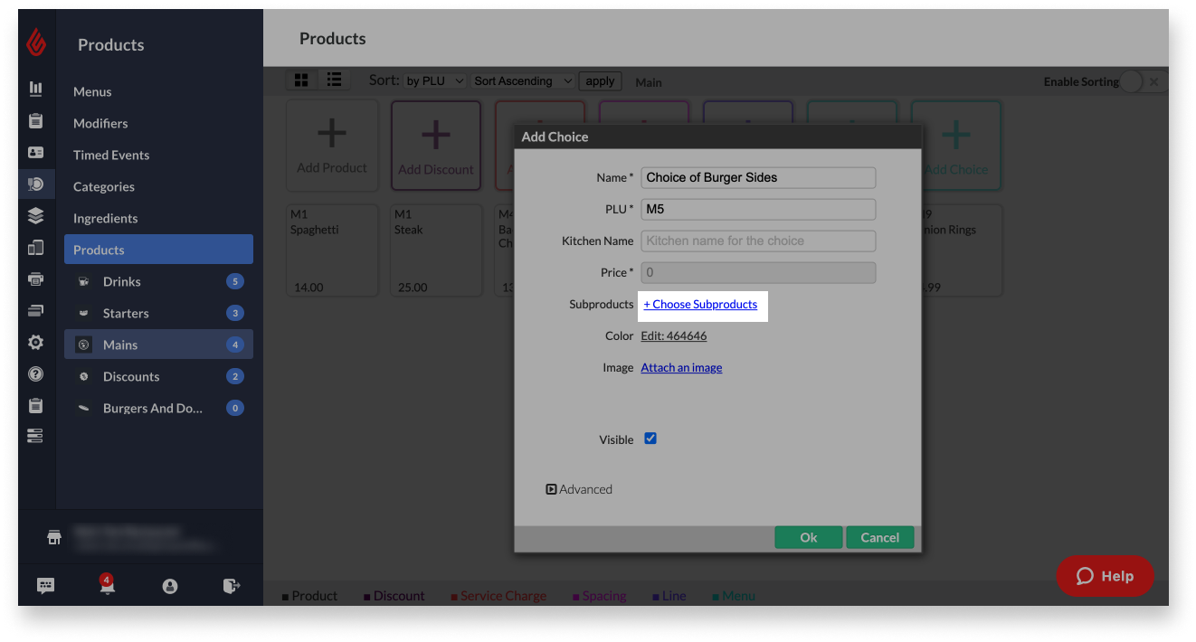 The Choose subproducts option highlighted