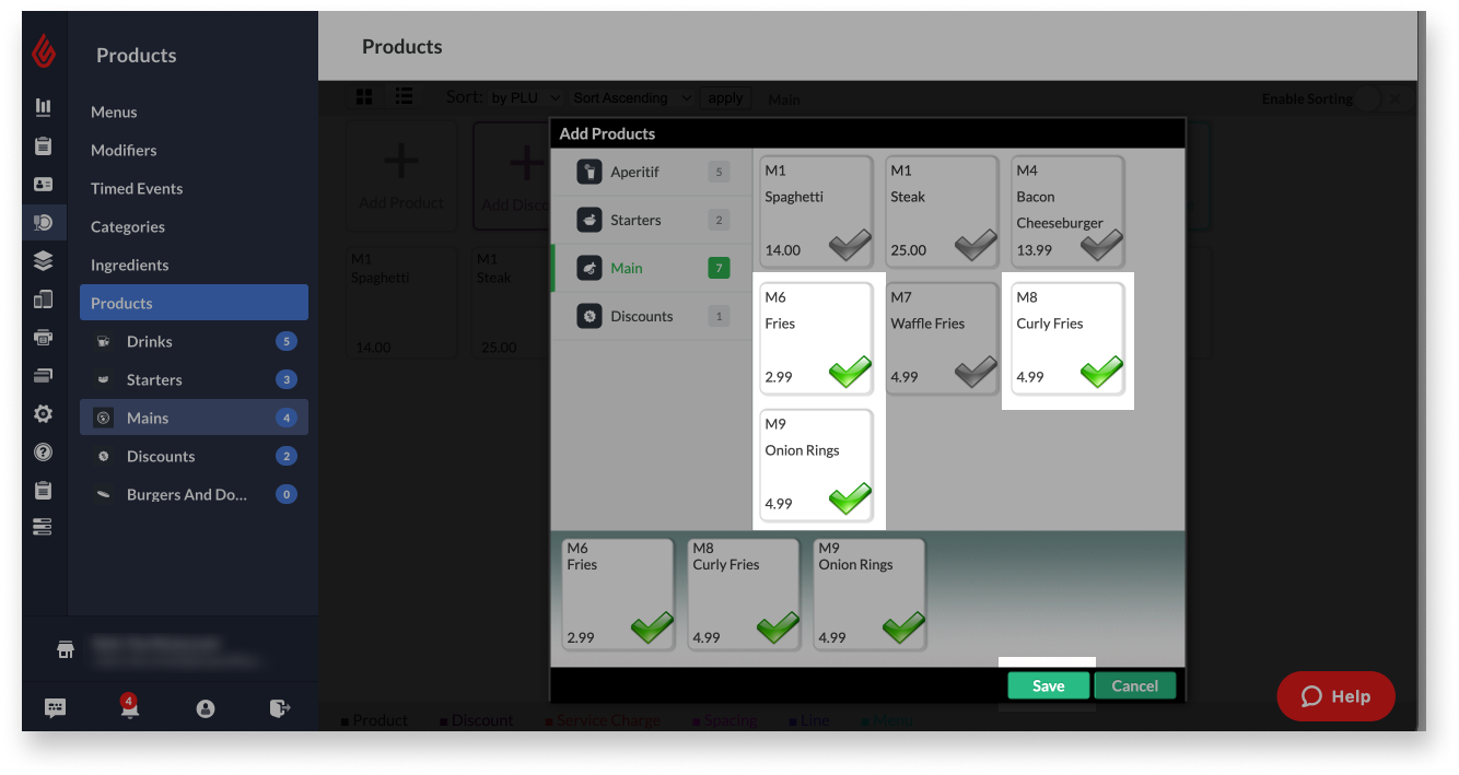 A selection of subproducts and the Save button highlighted